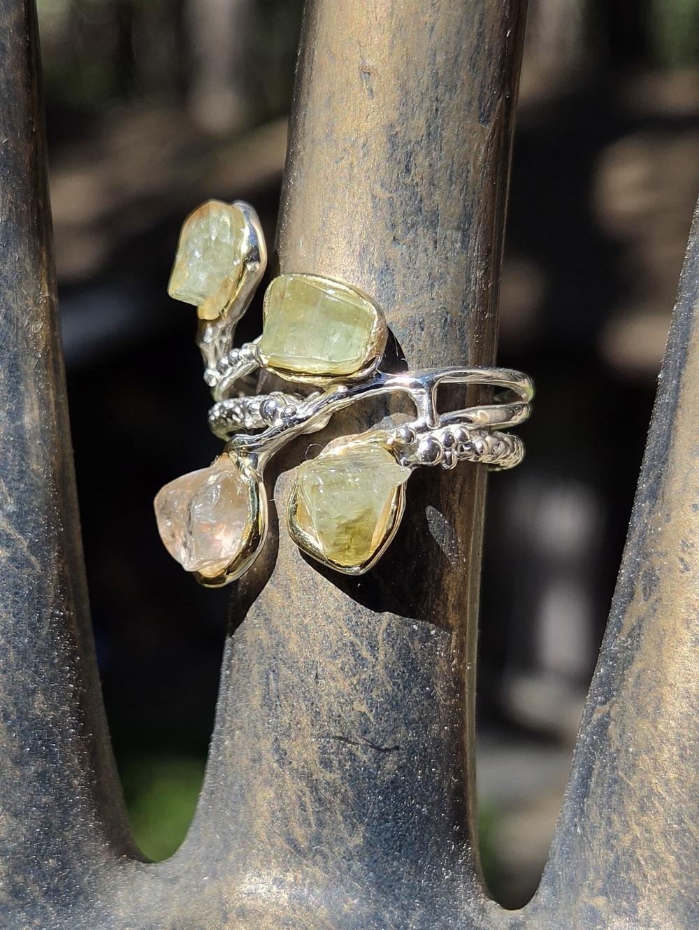 Tourmaline Natural Raw Gemstone Sterling & White Gold Ring Sz8 - Picture 8 of 10